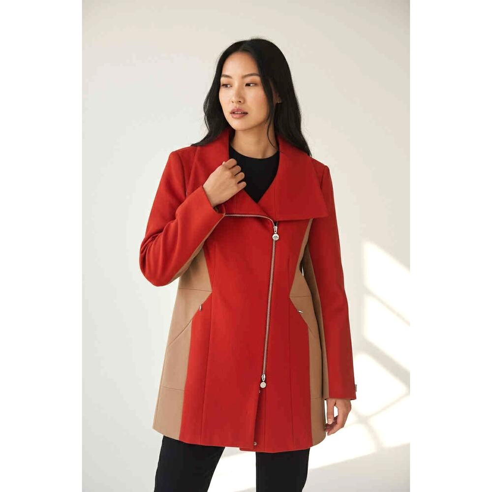 New Calvin Klein Colorblock Orange Tan Wool Coat Asymmetrical Zip Front Size 8